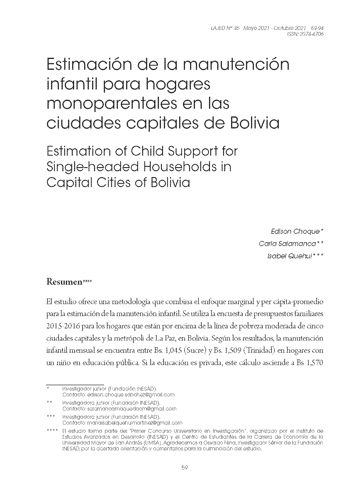 Estimación de la manutención infantil para hogares monoparentales en las ciudades capitales de Bolivia