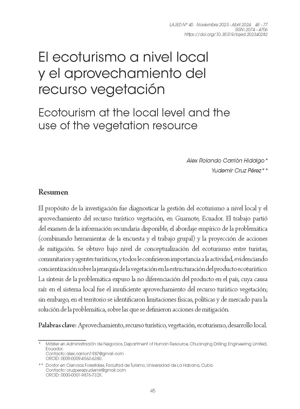 El ecoturismo a nivel local y el aprovechamiento del recurso vegetación