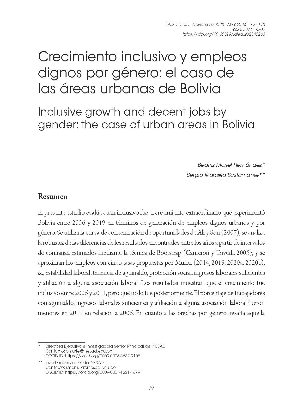 Crecimiento inclusivo y empleos dignos por género: el caso de las áreas urbanas de Bolivia