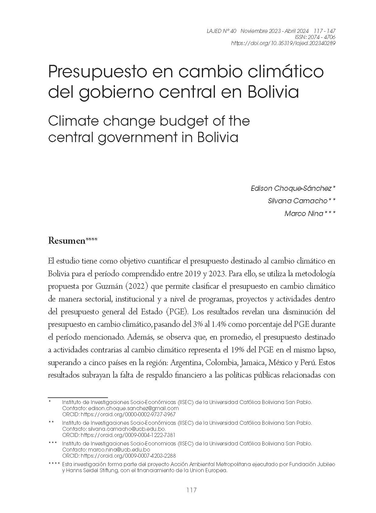 Presupuesto en cambio climático del gobierno central en Bolivia
