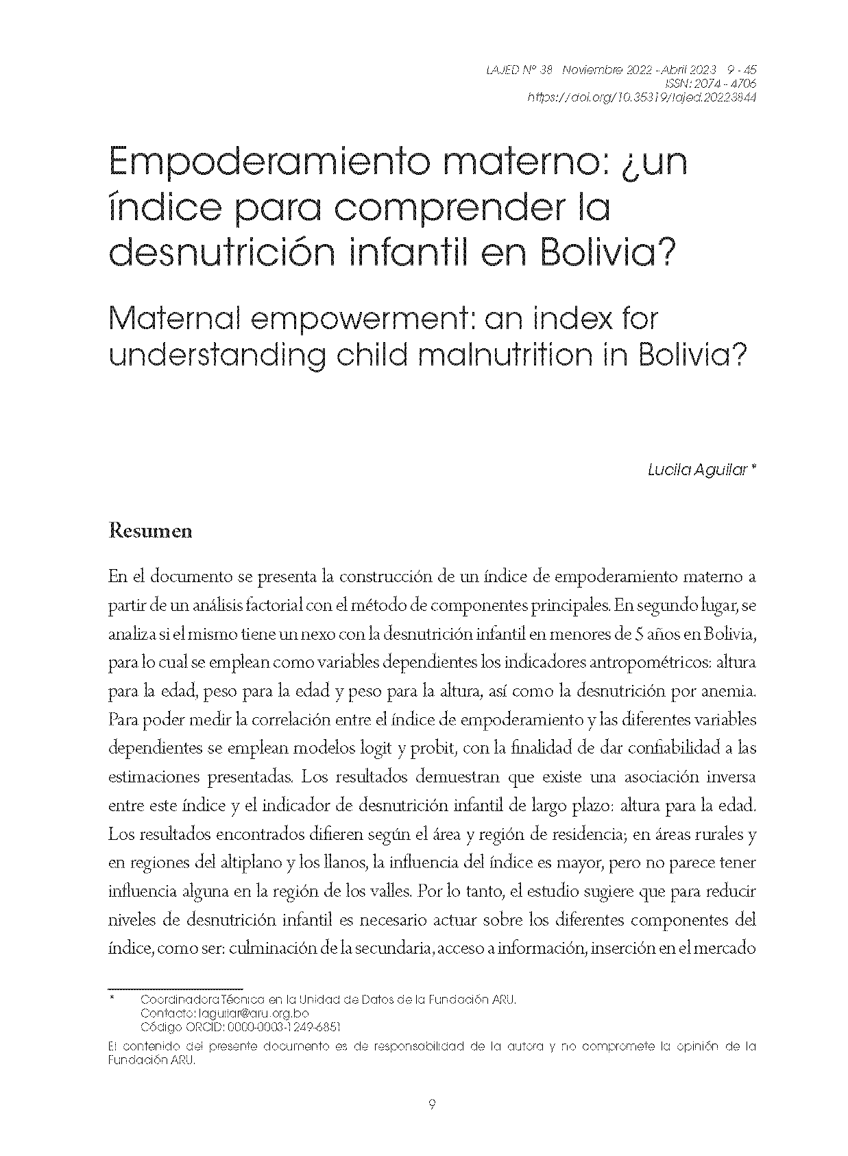 Empoderamiento materno: ¿un  índice para comprender la  desnutrición infantil en Bolivia?