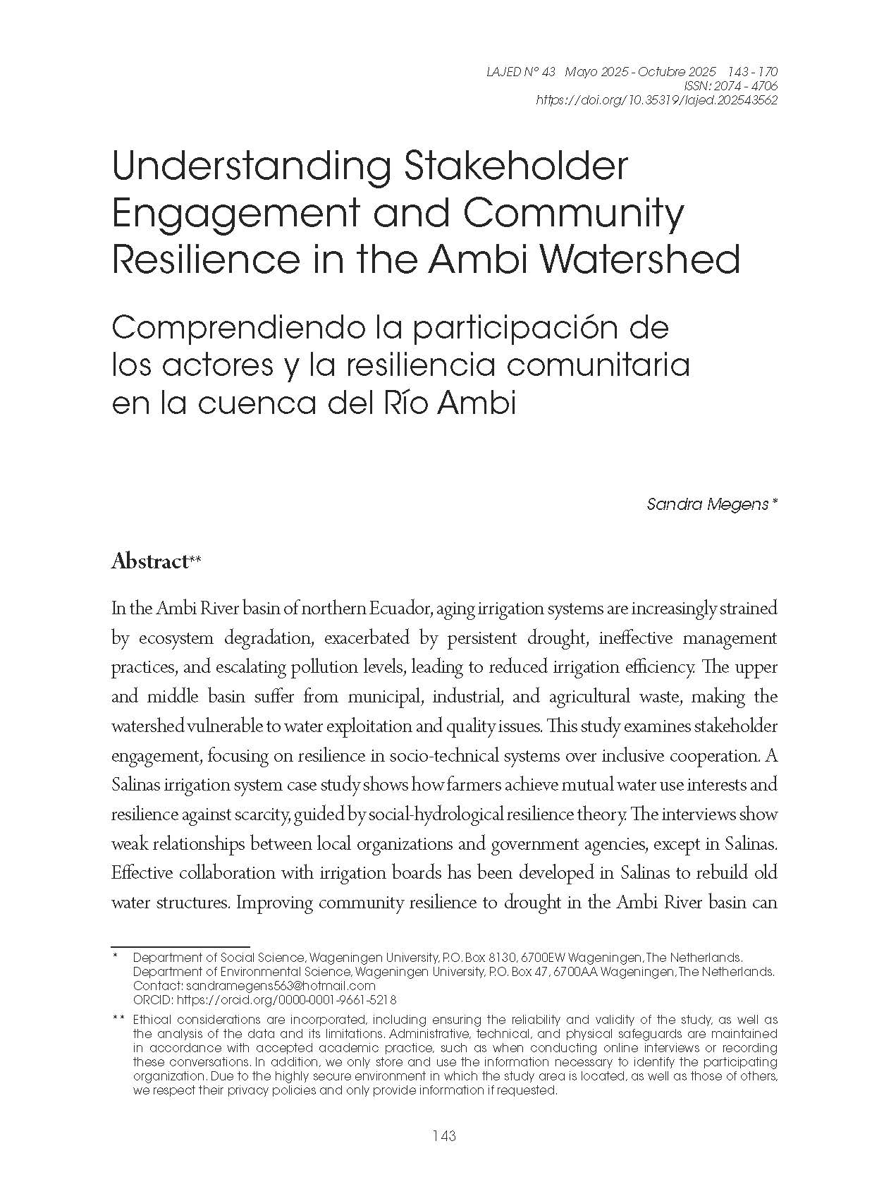 Understanding Stakeholder Engagement and Community Resilience in the Ambi Watershed
