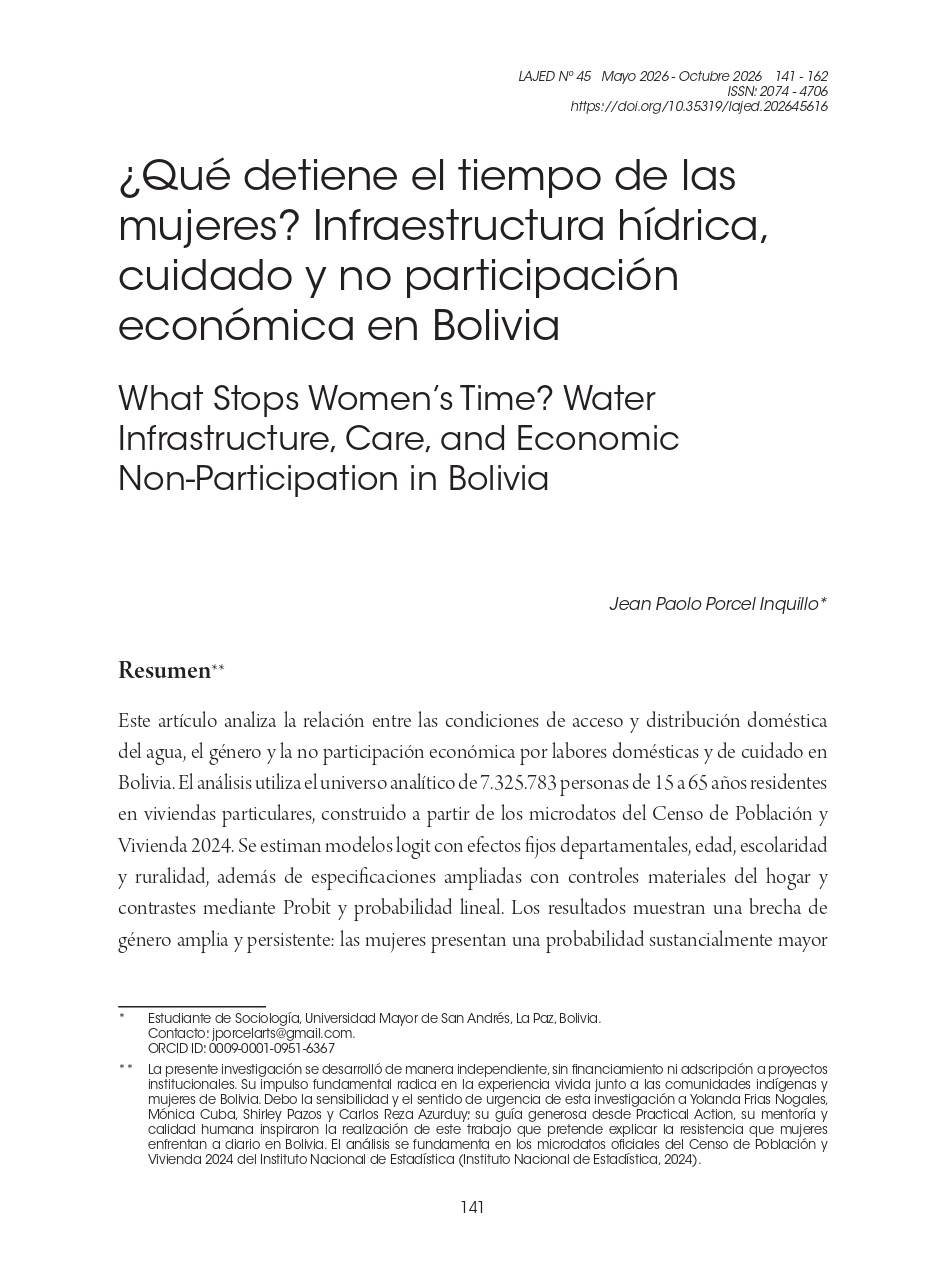 ¿Qué detiene el tiempo de las mujeres? Infraestructura hídrica, cuidado y no participación económica en Bolivia