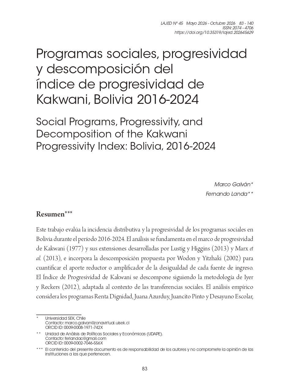 Programas sociales, progresividad y descomposición del índice de progresividad de Kakwani, Bolivia 2016-2024